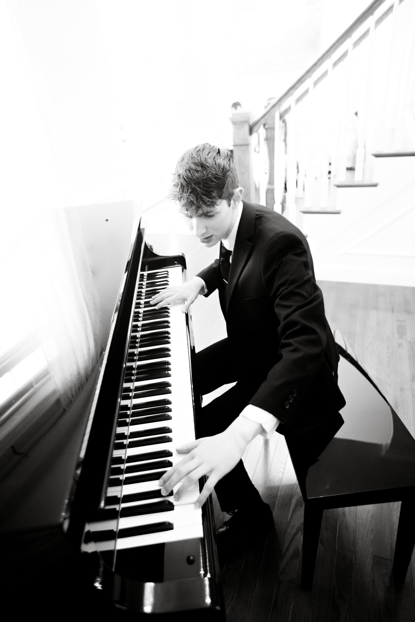 A black-and-white concert portrait